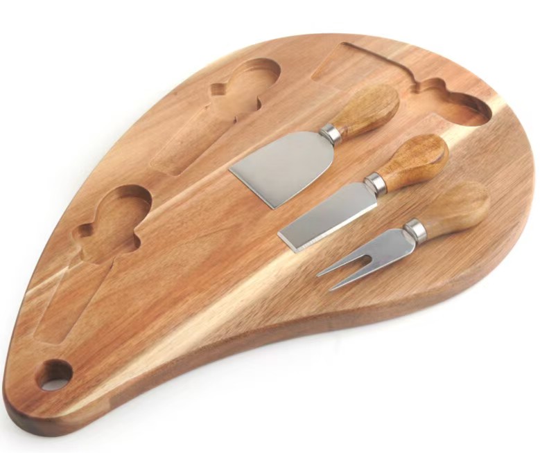 Cheese Board Set with 3 Stainless Steel Knives – Wooden Charcuterie Platter 40x26cm